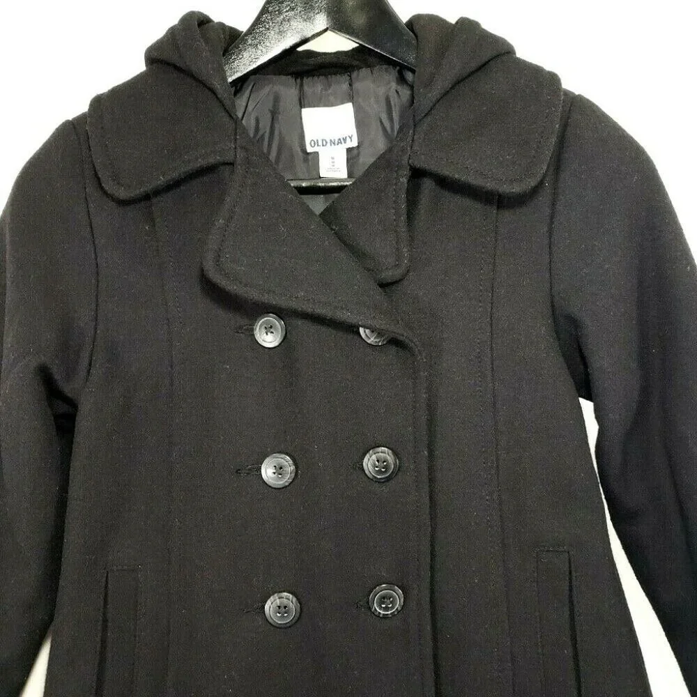 Old Navy Black Pea‎ Coat Girls M Wool Blend Hooded Warm Classic Old Money